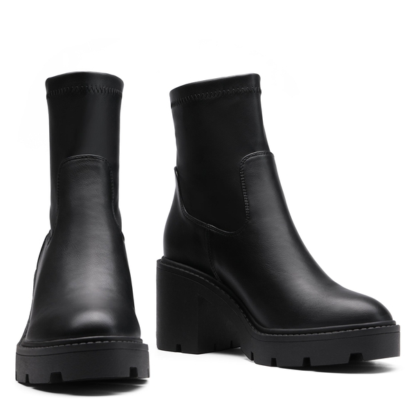 Elastic Chunky Heel Lug Sole Booties - BLACK PU - 4